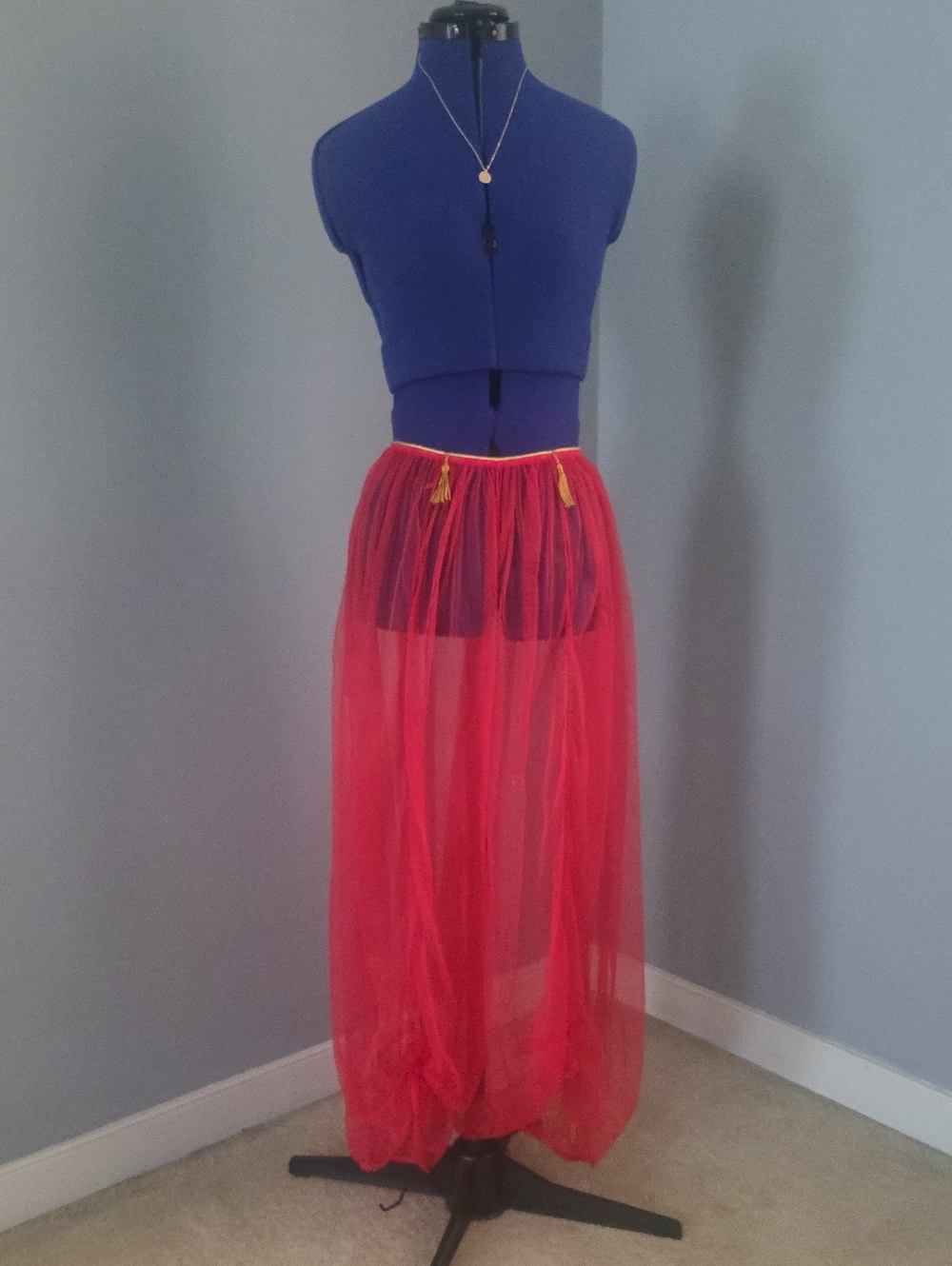 Sheer Red Tulle Harem Pantw with Gold Tassel Waistband